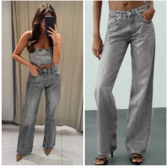 Size 4 | ZARA -RISE WIDE-LEG SEQUINED FOIL JEANS - Picture 8 of 13